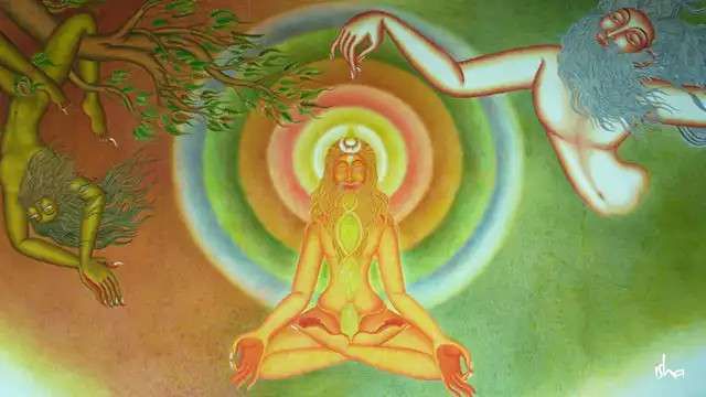 Colorful painting of Yogi meditating and Guru showering him with grace. Another Yogi is hanging from a tree branch.