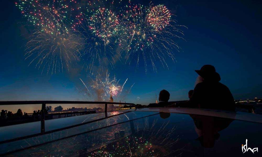 Sadhguru watching fireworks at St. Petersburg by night