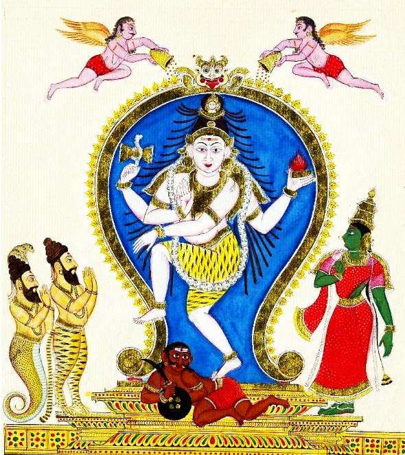 Painting of Nataraja doing Ananda Thandavam with Parvati on right and Vyagrahapada, Patanjali on left