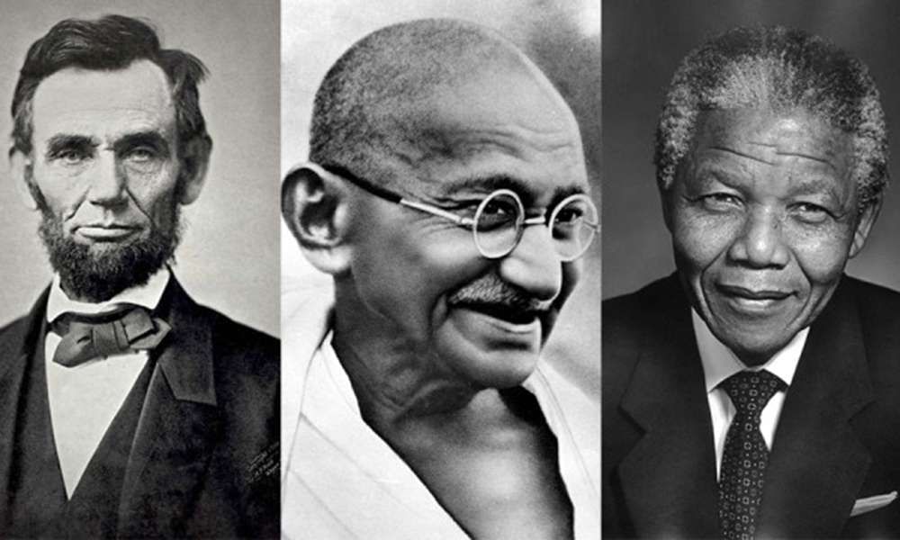 Image of three famous leaders that inspired the world: Lincoln, Gandhi and Mandela