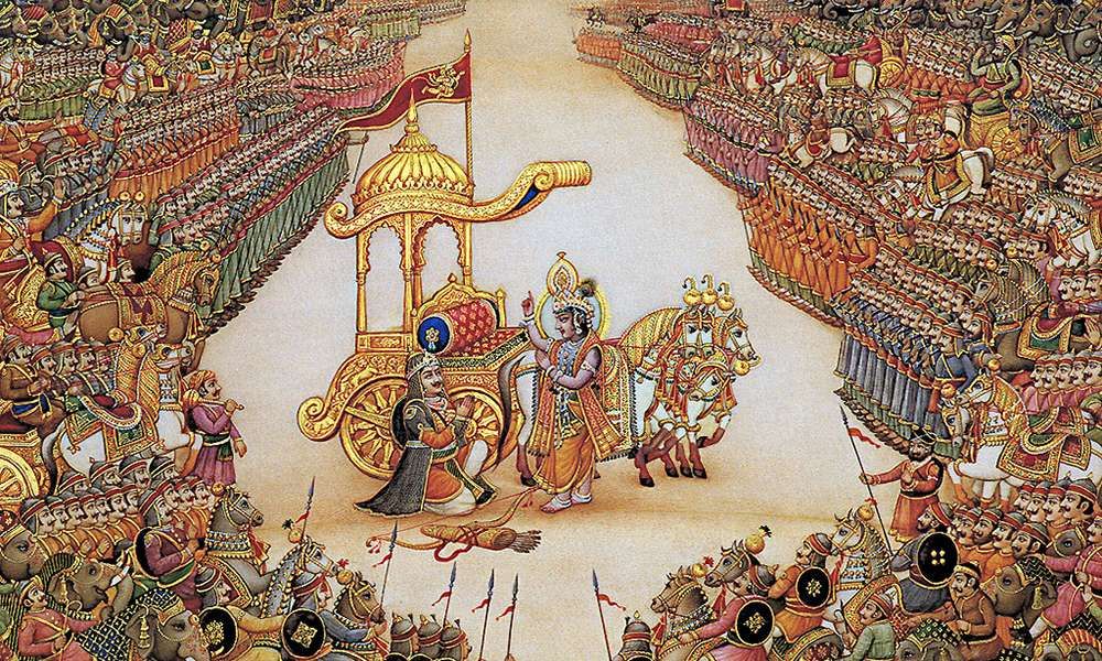 Krishan talking to Arjuna on the battlefield, as a ancient Indian style painting.