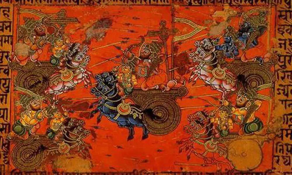 A beautiful drawing of the Hindu epic Mahabharata's Lord Krishna showing  Vishwaroopa and Gita in a Kurukshetra War Stock Photo - Alamy