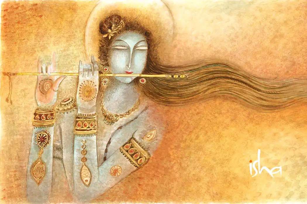 drawing of krishna with flute in orange colour by isha