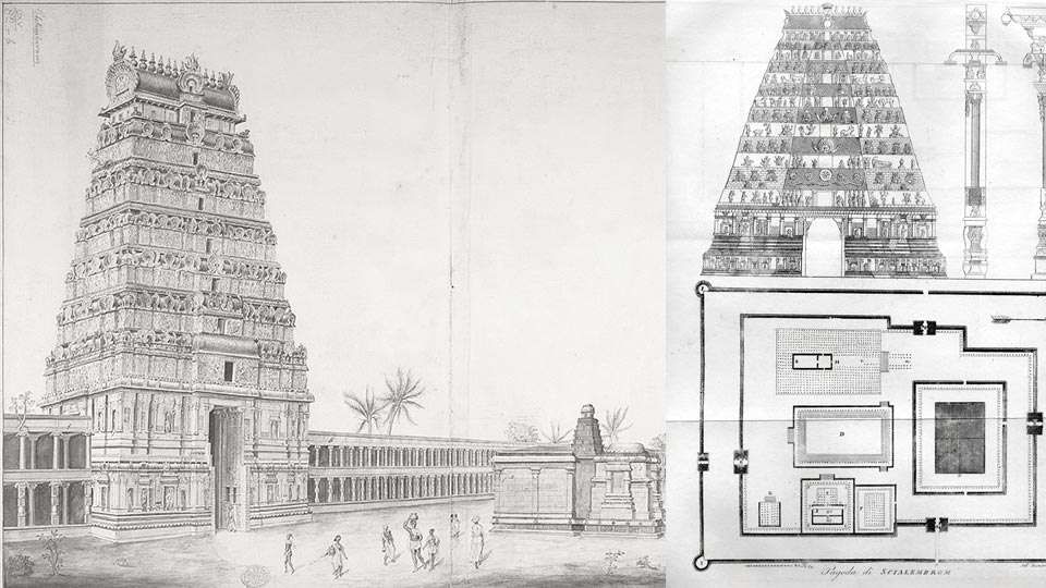 Chidambaram Temple - (Left) Illustration by Ward F. Swain (Right) Illustration of the Architecture
