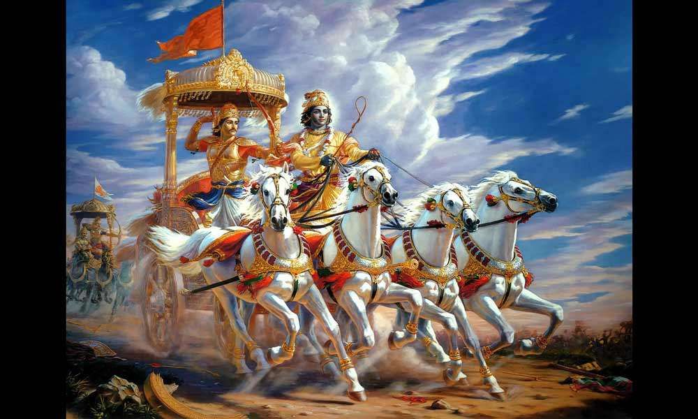 Krishna and Arjuna on a chariot in the Kurukshetra war | The Right to Protest & Question: How Much is Too Much?