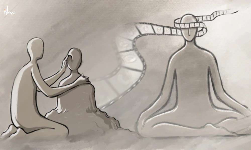 Digital drawing of figurines acting out karma quotes from Sadhguru.