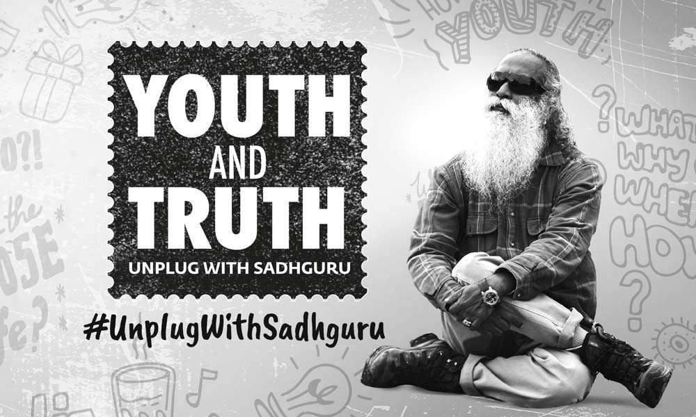 Image of Sadhguru in casual wear, sitting, Youth and Truth campaign logo and doodles | Youth N Truth – When Gossip Goes Cosmic 