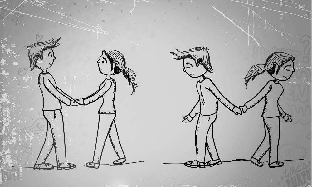 Illustration of Girl-Boy holding hands and looking happy; girl-boy moving away from each other, parting hands and looking sad | Why Are Girlfriend-Boyfriend Relationships So Complex?