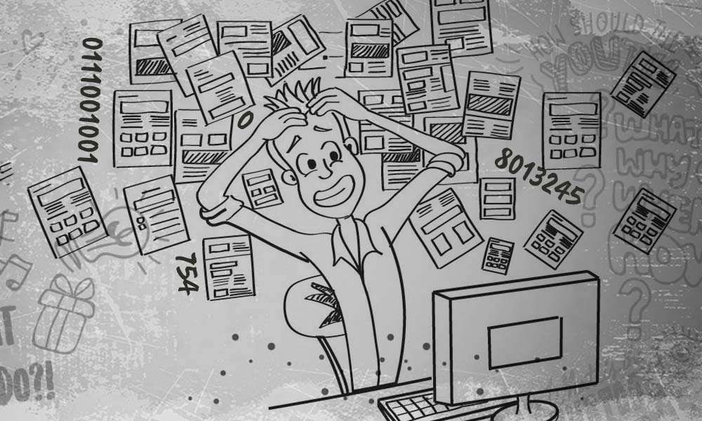 Illustration of a guy in front of computer, holding his hair, stressed out, information, numbers behind him | How to Deal with Information and Tech Overload
