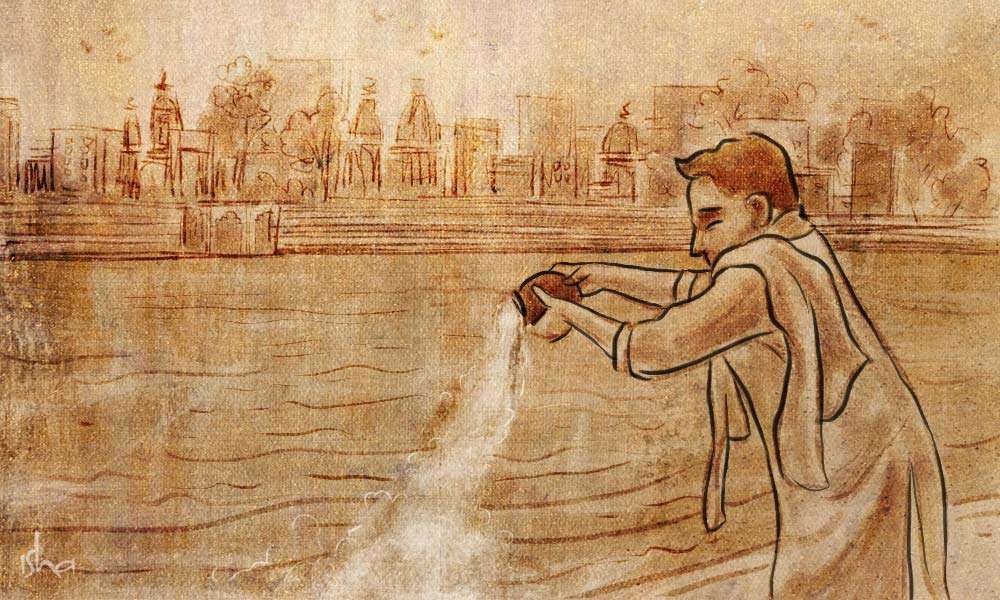 Illustration of immersion of ashes in a river | Why Do We Immerse the Ashes of the Dead in the Ganga?