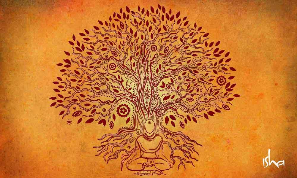 Depiction of a yogi sitting under a tree and manifesting