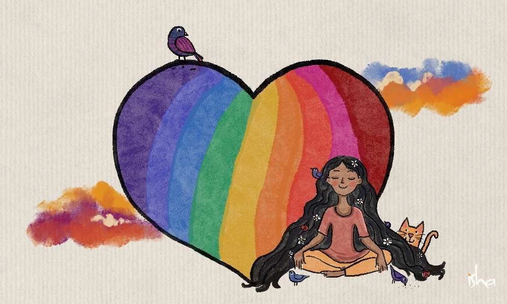 Painting of a heart in rainbow colors, with a girl sitting in front of it and animals surrounding her.
