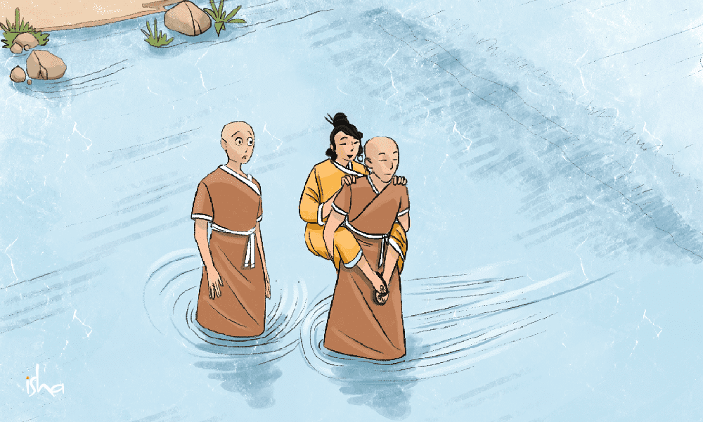 Picture representing a scene where a lady is helped by a zen monk