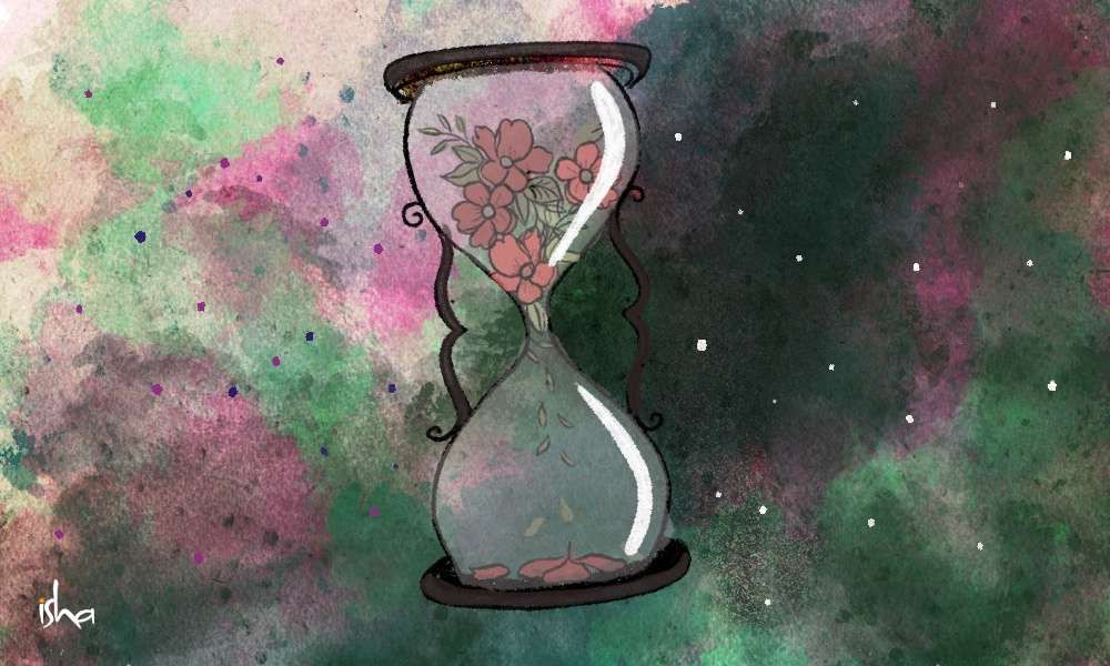 Drawing of flowers withering in an hourglass, representing the death quotes from Sadhguru.