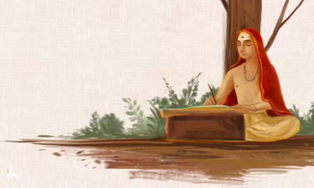 Painting of Adi Shankaracharya writing under a tree.