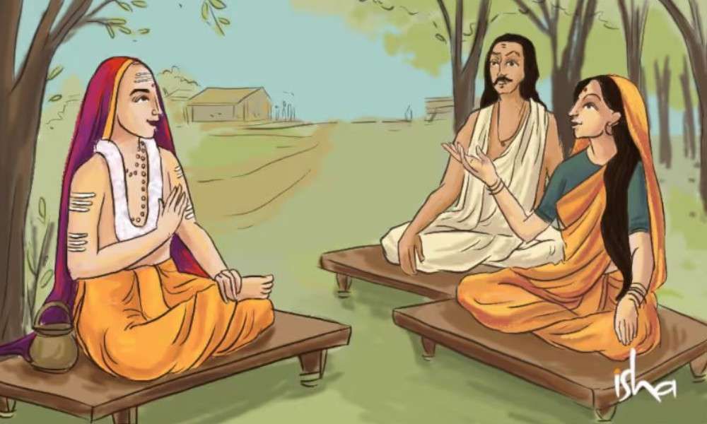Painting of Adi Shankaracharya arguing with a man and a woman.