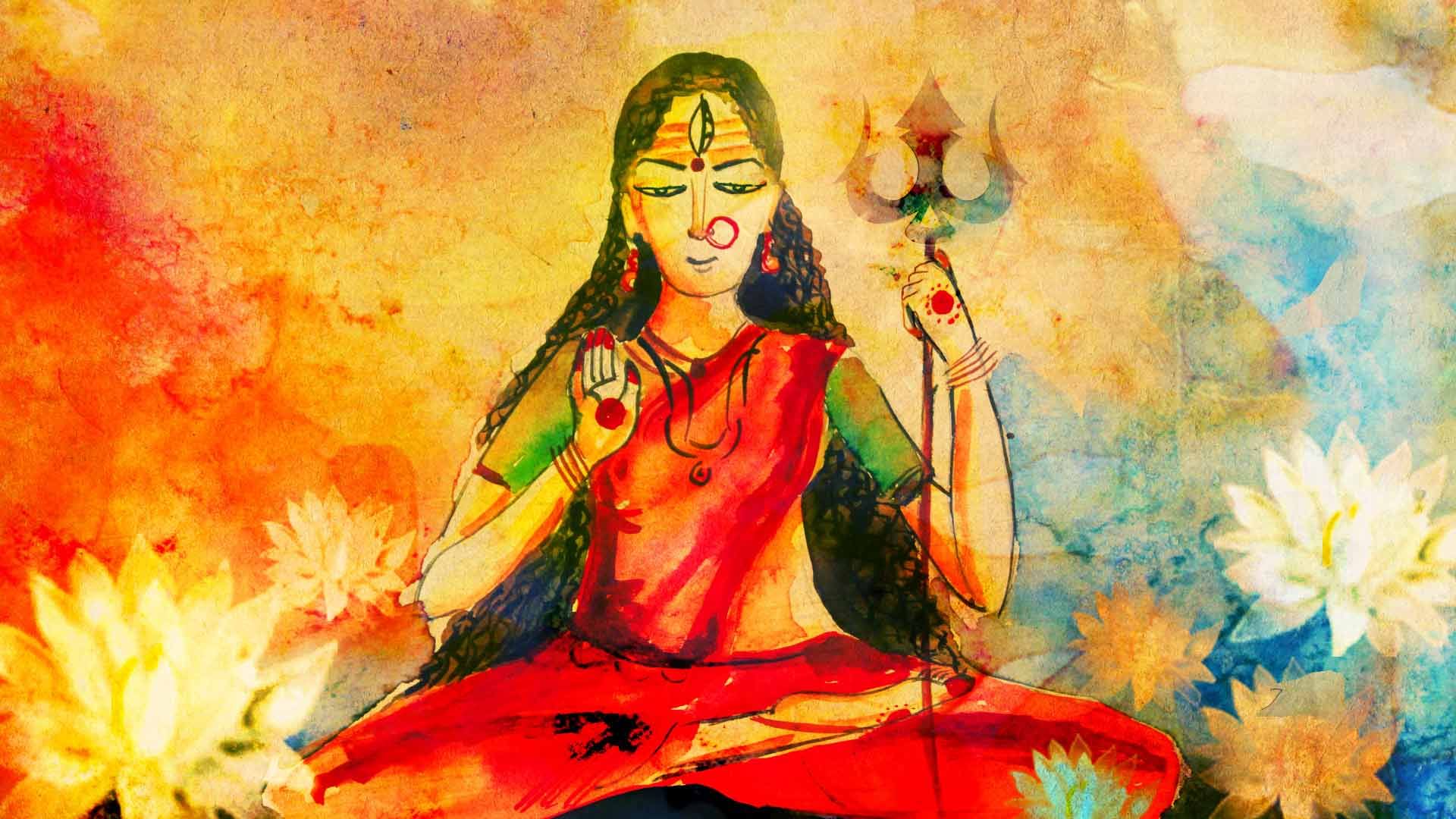 Drawing of Devi in red saree