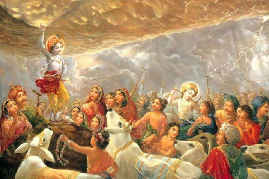 painting of krishna lifting mount govardhan
