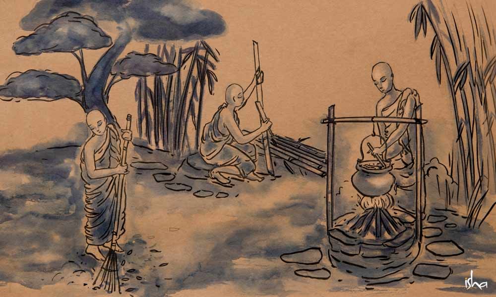 Japans style ink illustration of Zen monks sweeping floor, chopping wood and cooking food | The Importance of Guru Purnima: A Day to Earn Grace