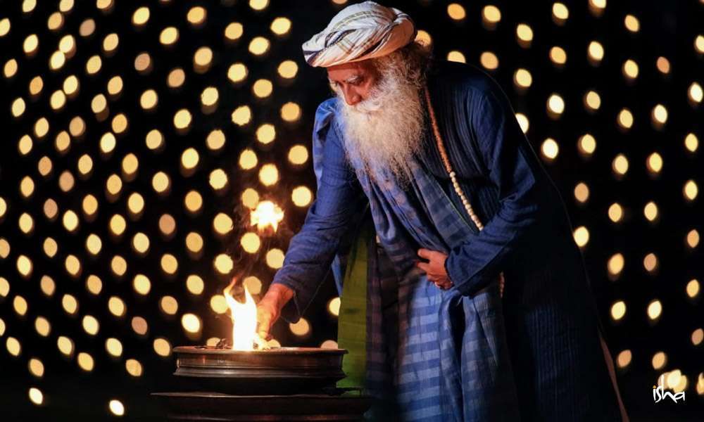Diwali: picture of Sadhguru lighting a fire for the festival