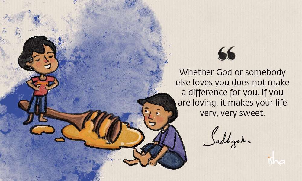 Relationship love quote from sadhguru combined with a painting of two children around a honey spoon.