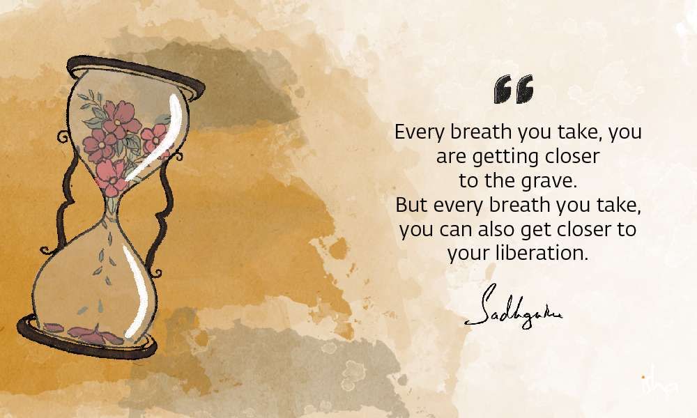 Drawing of flowers withering in an hourglass, with a quote on death from Sadhguru and yellow background.