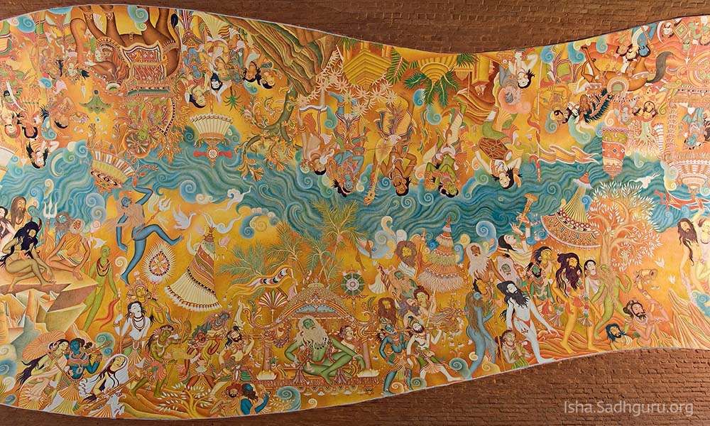 Colorful mural showing the kumba mela at the river Ganga.