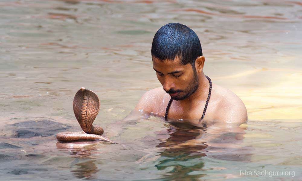 Man standing in the water holding the linga in Suryakund.