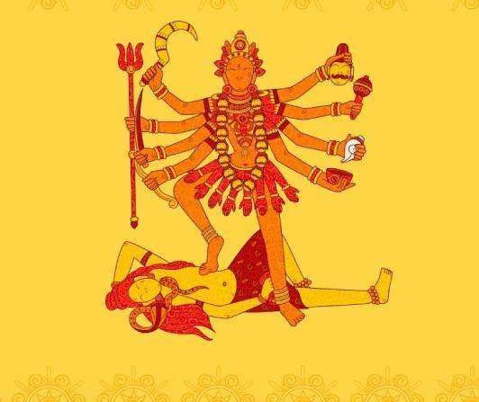 Tantric symbolisme of Kali killing Shiva and putting her feet on him