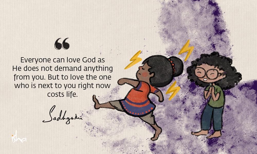 Relationship love quote from sadhguru combined with a painting of two children. One walking without paying attention, the other one greeting her with a smile.