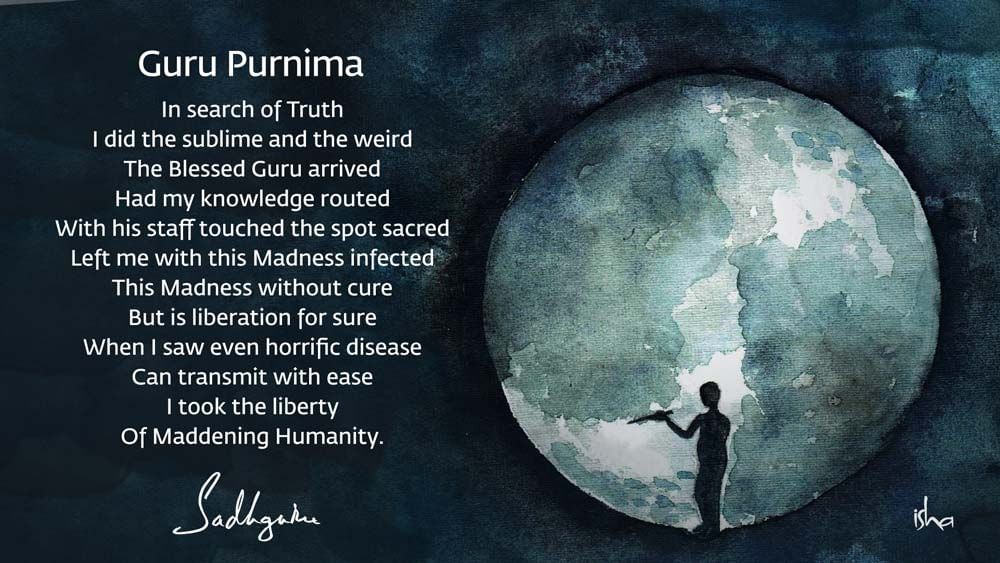 Quote for Guru Purnima with drawing of Adiyogi and the Saptarishis.