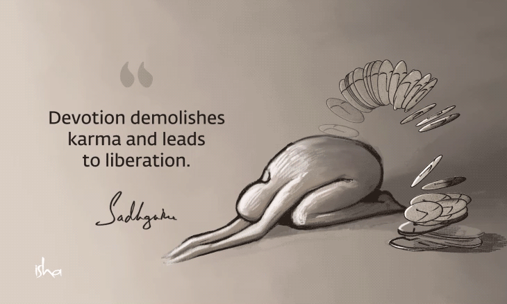 Quote on karma showing figurine bowing down in devotion and loosing all of its karma.