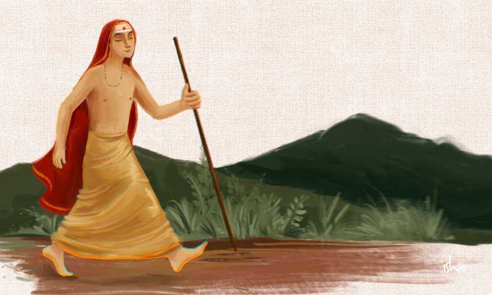 Painting of Adi Shankaracharya walking in nature.