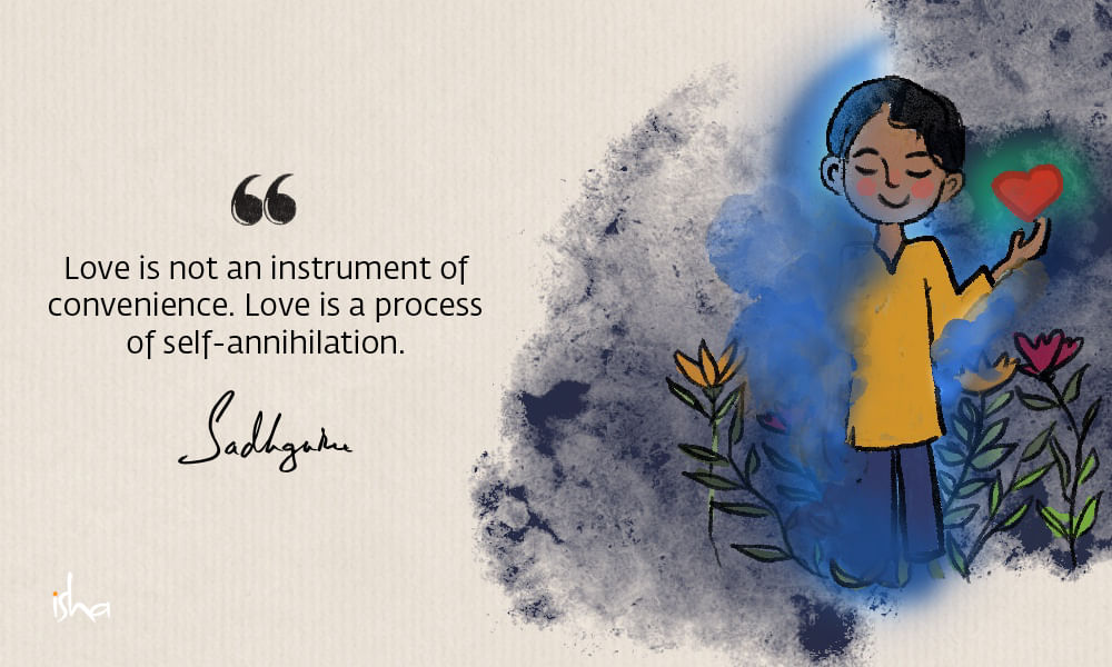 Relationship love quote from sadhguru combined with a painting of a child with blue aura, surrounded by flowers.