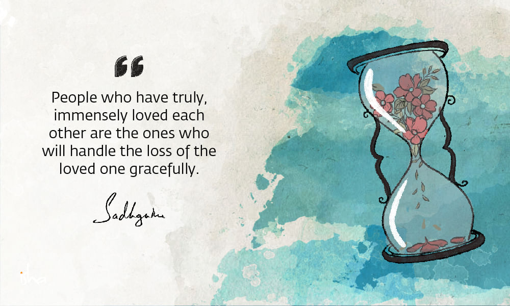 Drawing of flowers withering in an hourglass, with a quote on death from Sadhguru and blue background.