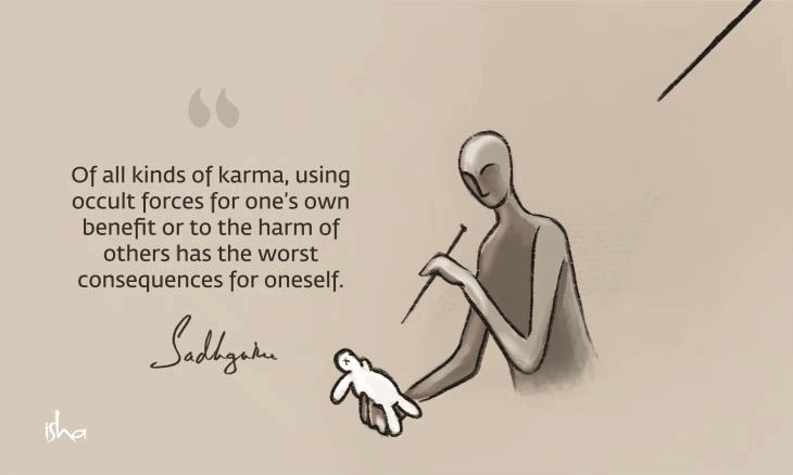 Quote on karma showing figurine sticking a needle into a doll and at the same time into itself.
