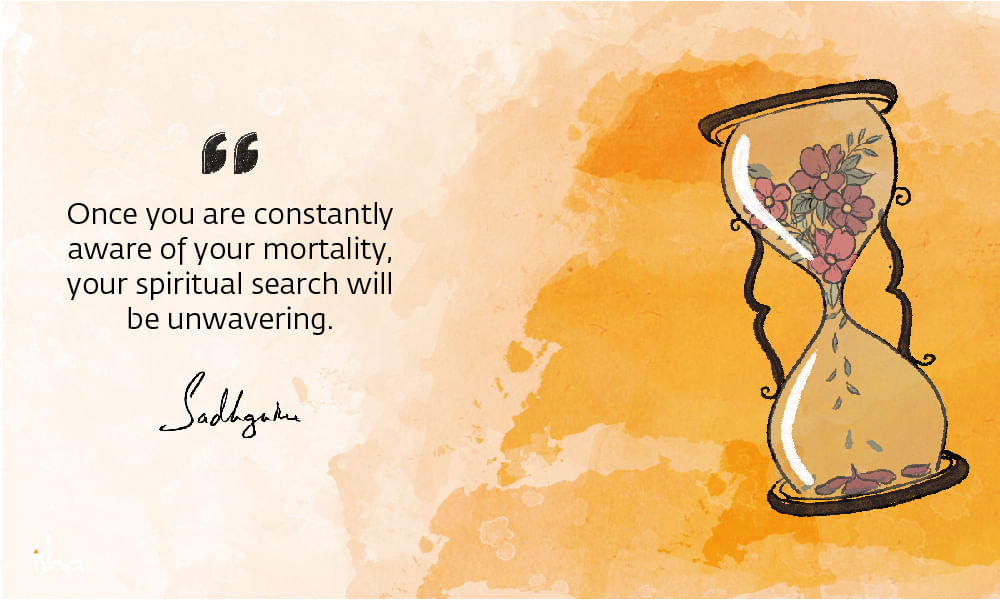 Drawing of flowers withering in an hourglass, with a quote on death from Sadhguru and orange background.