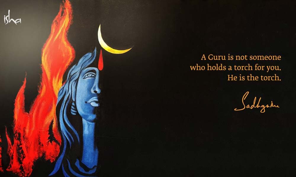 Quote for Guru Purnima with drawing of Adiyogi and fire.