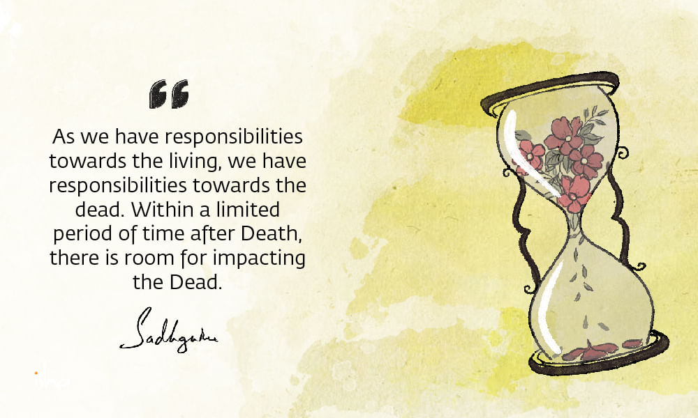 Drawing of flowers withering in an hourglass, with a quote on death from Sadhguru and yellow background.