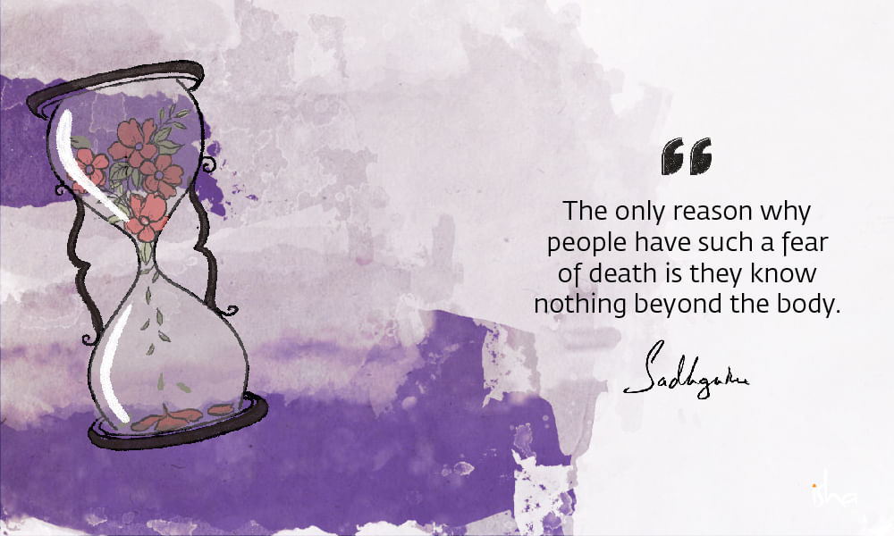 Drawing of flowers withering in an hourglass, with a quote on death from Sadhguru and purple background.