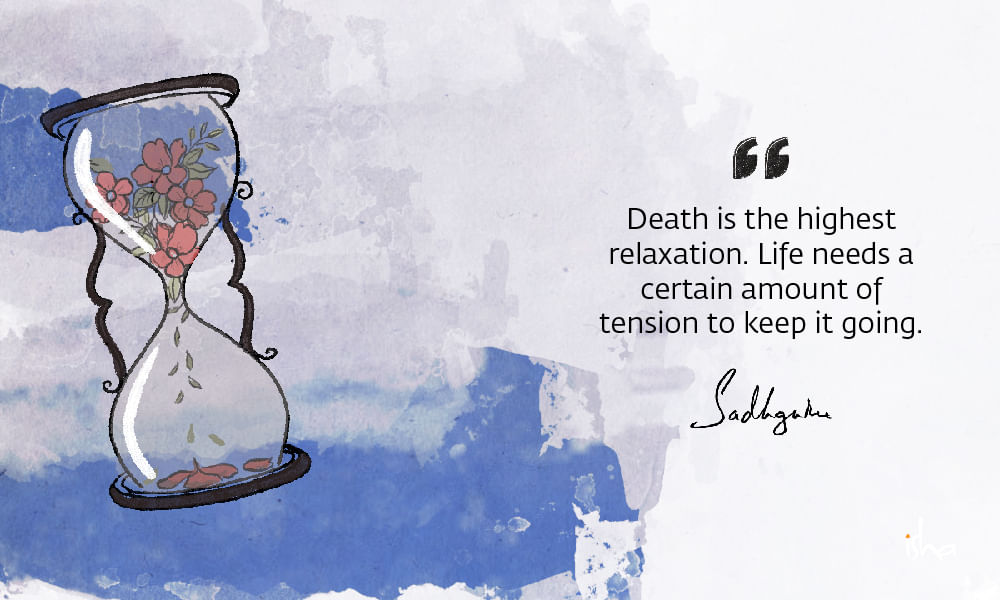 Drawing of flowers withering in an hourglass, with a quote on death from Sadhguru and bright blue background.