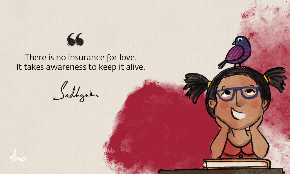 Relationship love quote from sadhguru combined with a painting of a child leaning on a flat book, looking at the bird on her head.