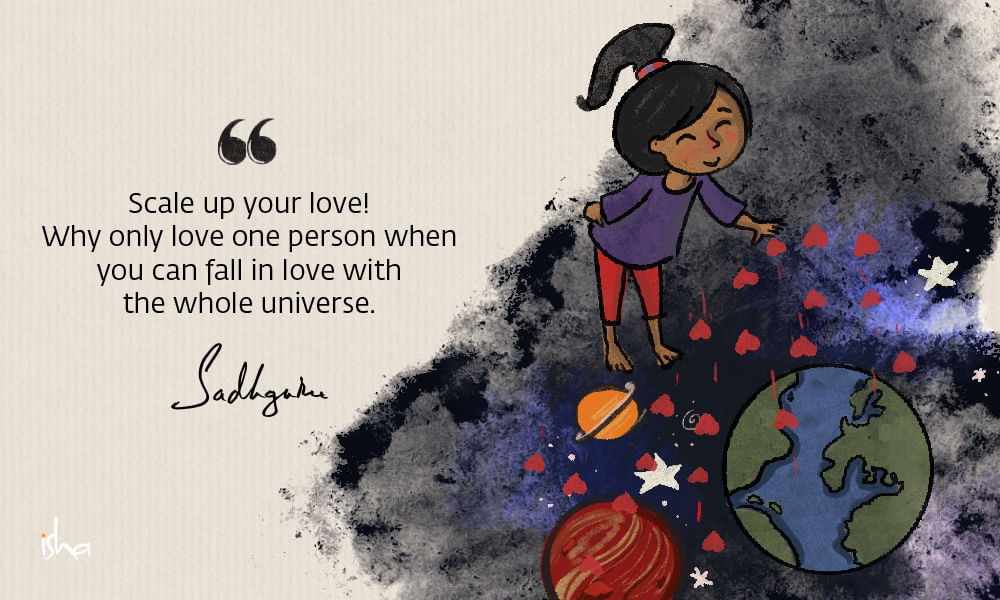 Relationship love quote from sadhguru combined with a painting of a child showering the universe with hearts.