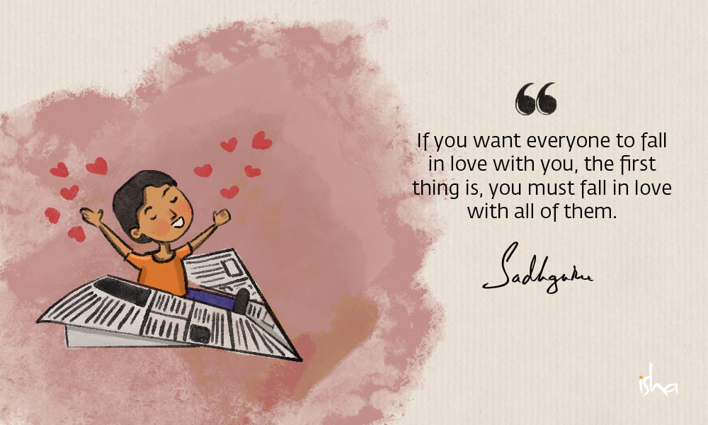 Relationship love quote from sadhguru combined with a painting of a child sitting in a paper plane throwing out hearts.