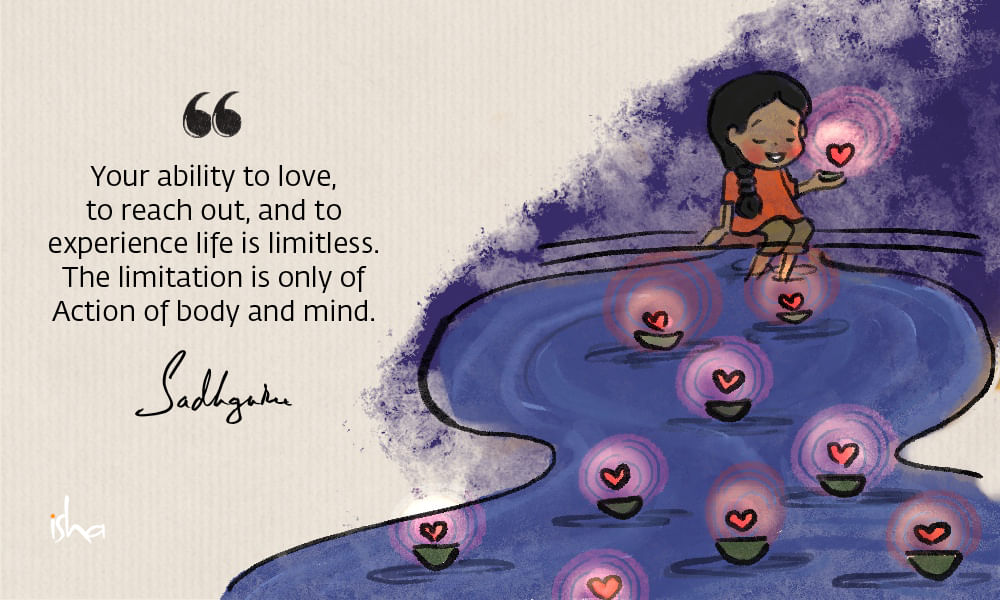 Relationship love quote from sadhguru combined with a painting of a child putting heart shapes lights into a river.