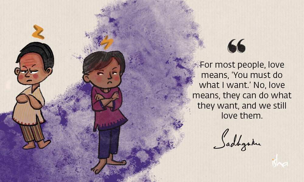 Relationship love quote from sadhguru combined with a painting of two children mad at each other.