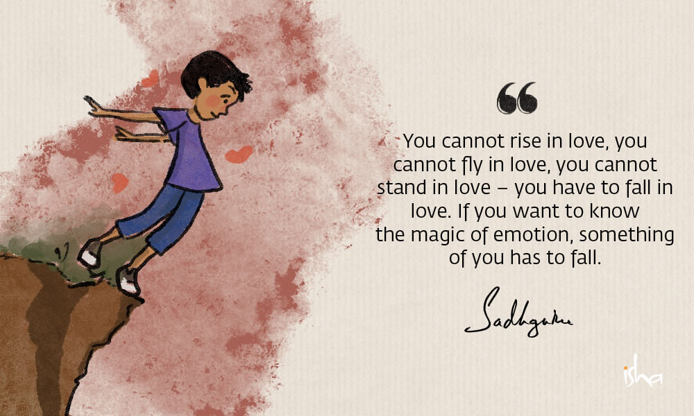 Relationship love quote from sadhguru combined with a painting of a child standing at a cliff and looking down.