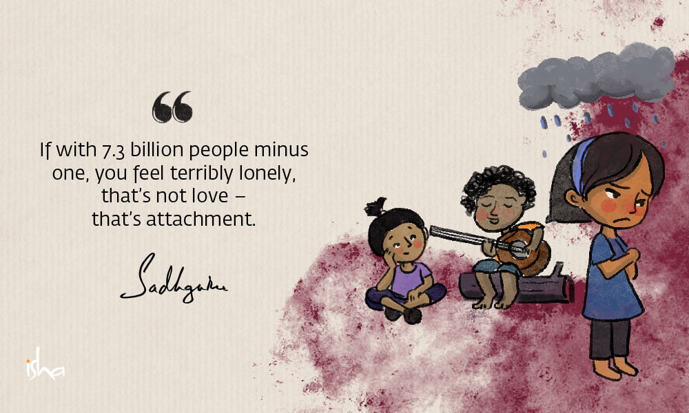 Relationship love quote from sadhguru combined with a painting of three children. One standing aside looking gloomy, while the other ones joyfully playing music.
