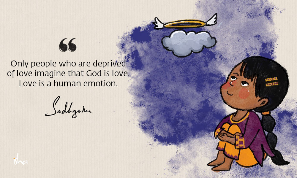 Relationship love quote from sadhguru combined with a painting of a child looking up to a cloud with a halo.
