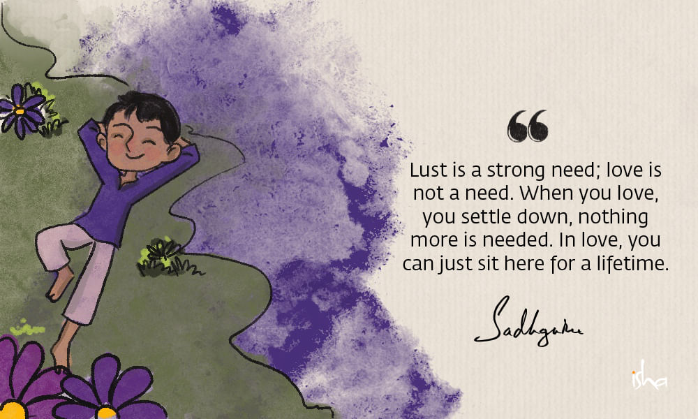 Relationship love quote from sadhguru combined with a painting of a child lying down in nature and smiling.